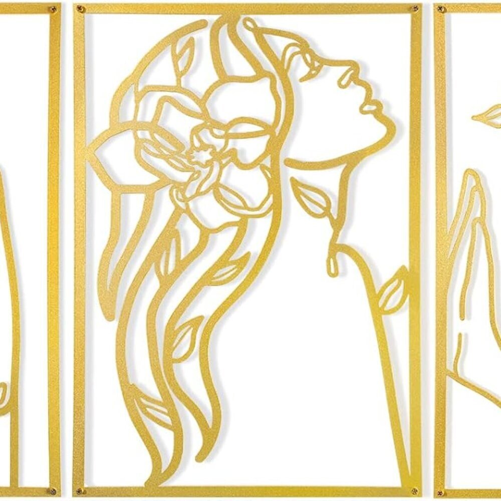 3 Pcs Gold Wall Decor Above Bed Minimalist for Living Room Metal Line Art - Fema
